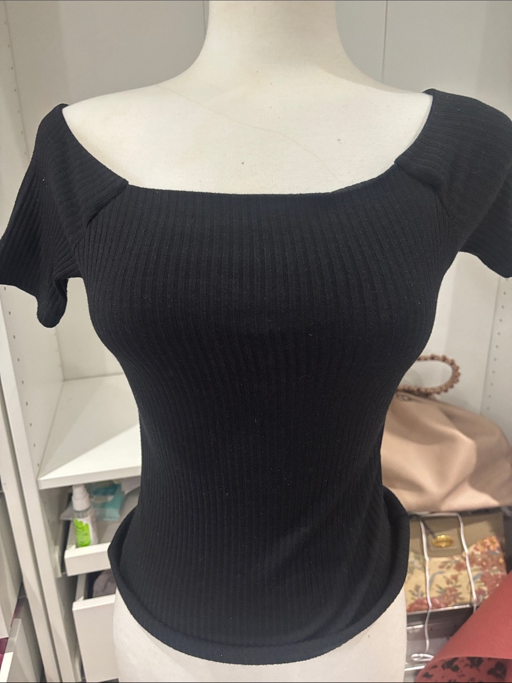 Black Ribbed Off-Shoulder Crop Top